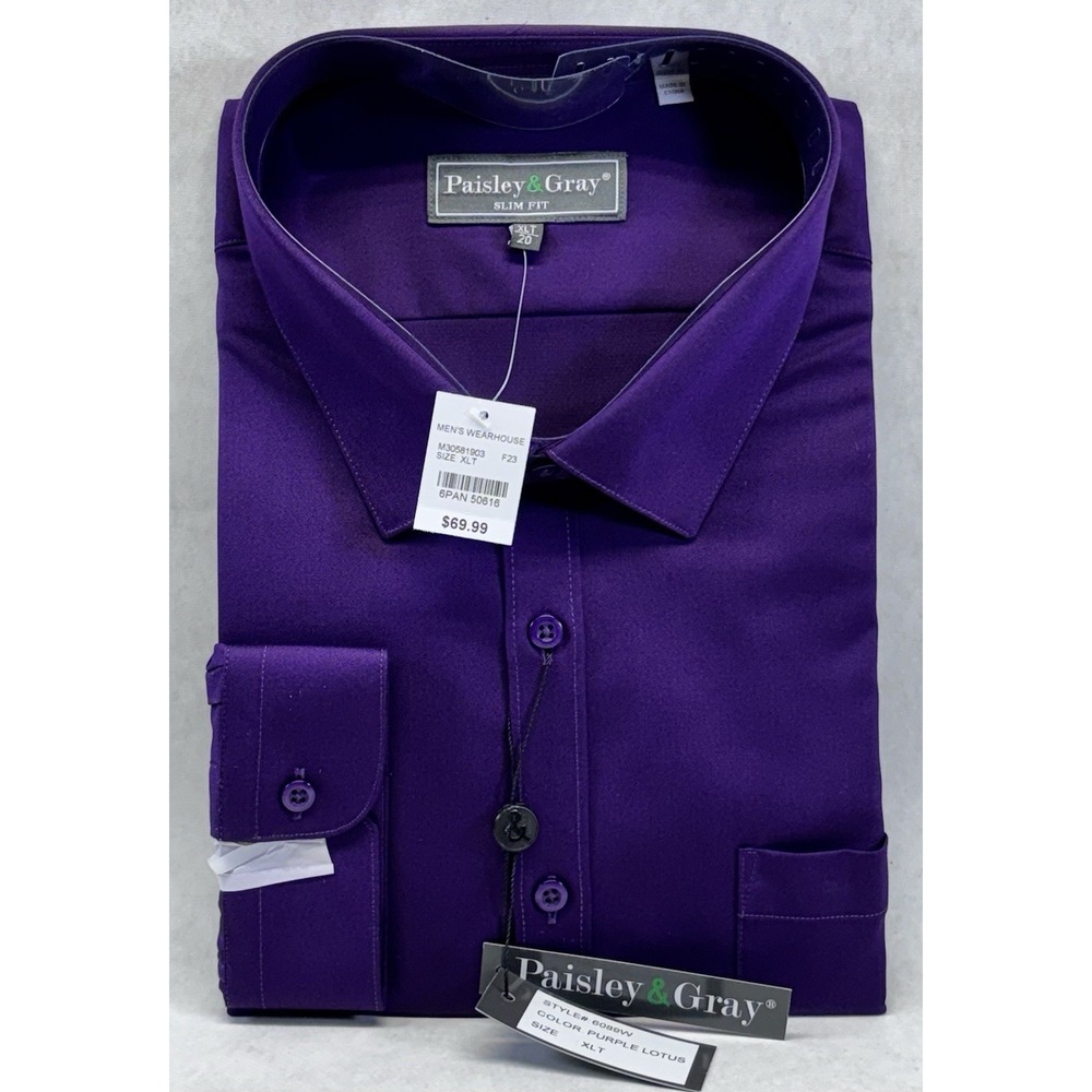 Paisley Gray Purple Lotus Slim Fit Long Sleeve‎ Dress Shirt XLT New